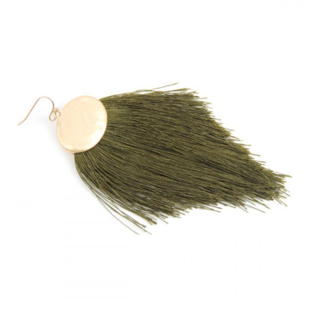 Olive Oversized Boho Thread Tassel Drop Earrings - Picture 2 of 4